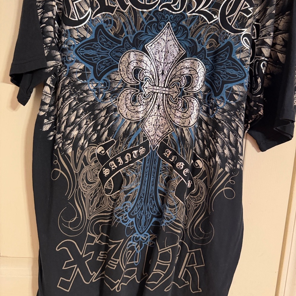 Black Graphic Tee with Blue and Silver Design